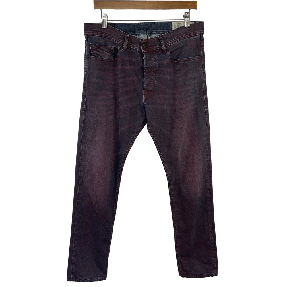 Diesel Tepphar Slim-Carrot Coated Jeans 31 Burgundy Black Tapered Stretch Denim